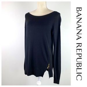 BR Black Extra Fine Merino Wool Crewneck Sweater with Side Zipper Detail, Small